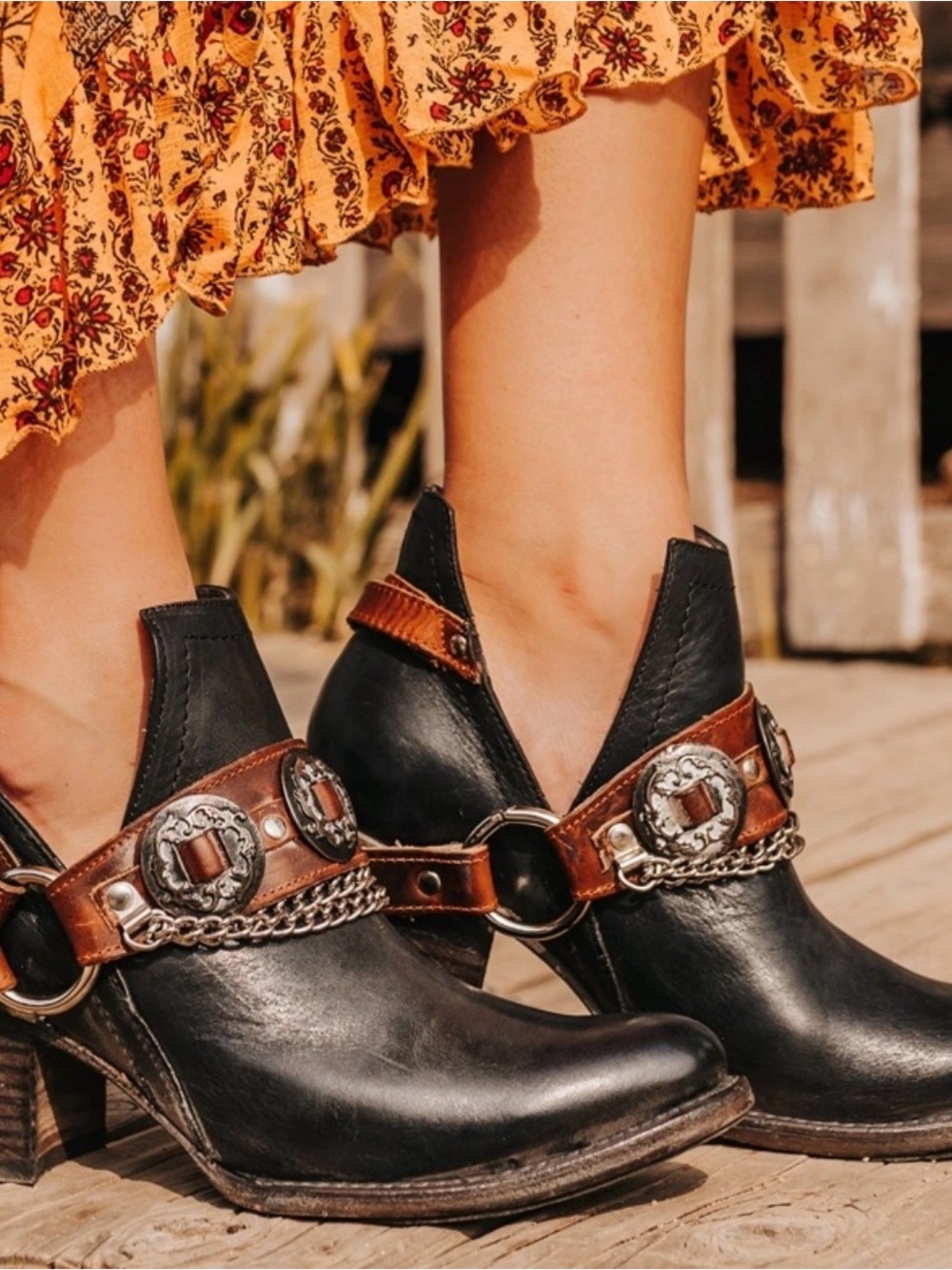 Freebird by Steven Black Leather Western Ankle Booties with Brown Harness
